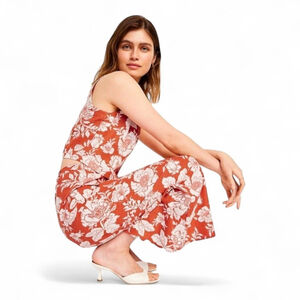 Old Navy Linen Blend Floral Midi Skirt Red Slit Hem Sz L